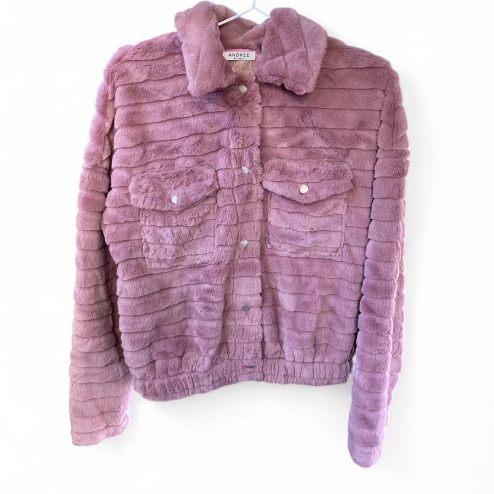 Maroon Dusty Pink Faux Fur Soft Fuzzy Bomber Jacket Size Small - Medium